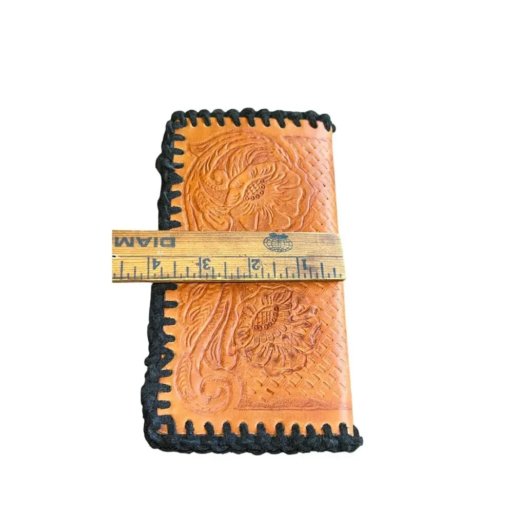 Vintage Leather Bifold Wallet Western Flowers Cowhide Lining Made In Mexico